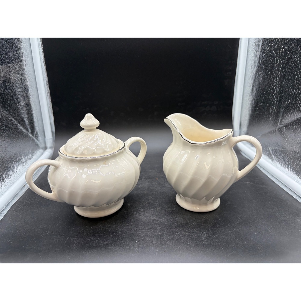 Vintage Creamer and Sugar‎ Bowl Set Off White Swirl Ceramic Silver Trim Lid